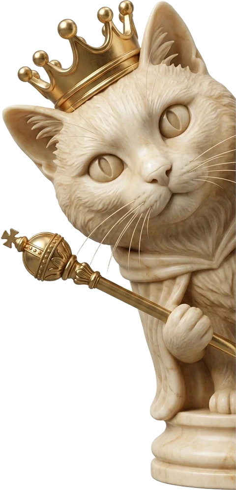 Sculpted Royal Cat Chess King peeking curiously from behind chessboard